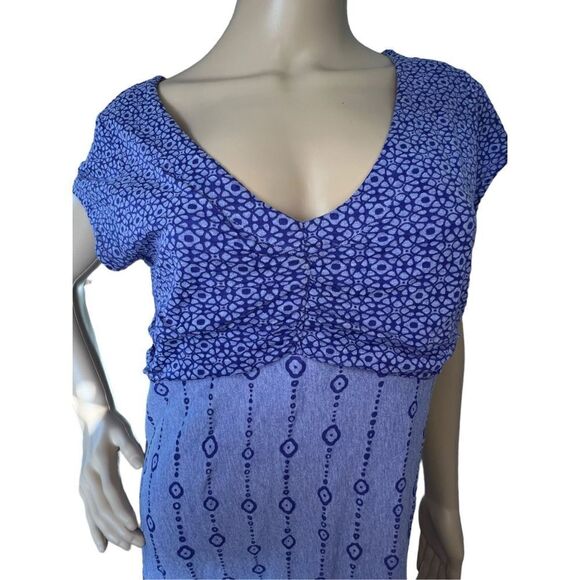 Athleta Purple Geometric Patterned Long V-Neck Short Sleeve Dress - Picture 2 of 5